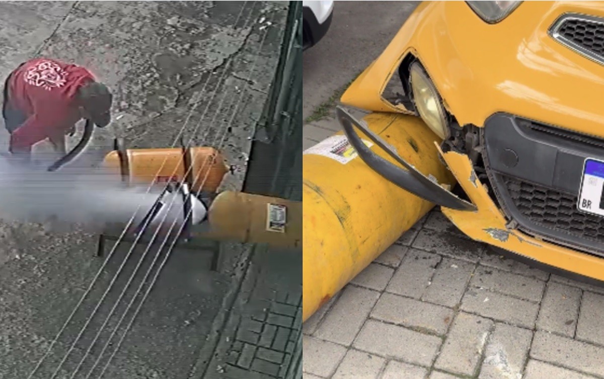 VÍDEO: cilindro de gás 'voa' em alta velocidade após marretadas e danifica carros em SC