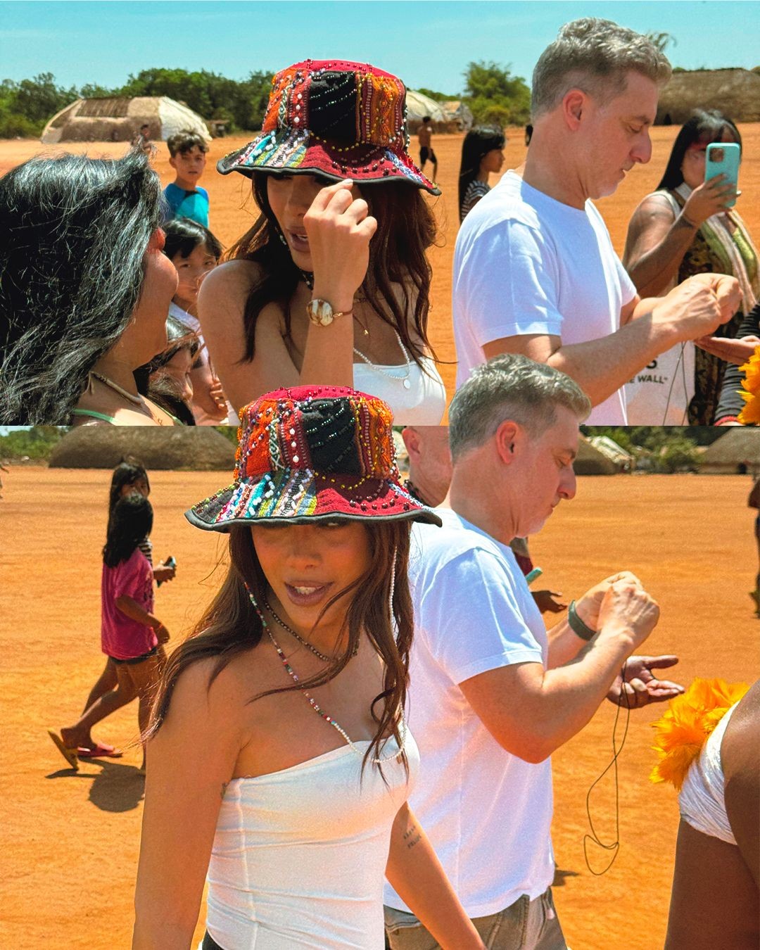 Anitta e Luciano Huck na aldeia Ipatse, em MT — Foto: Bob Kuikuro