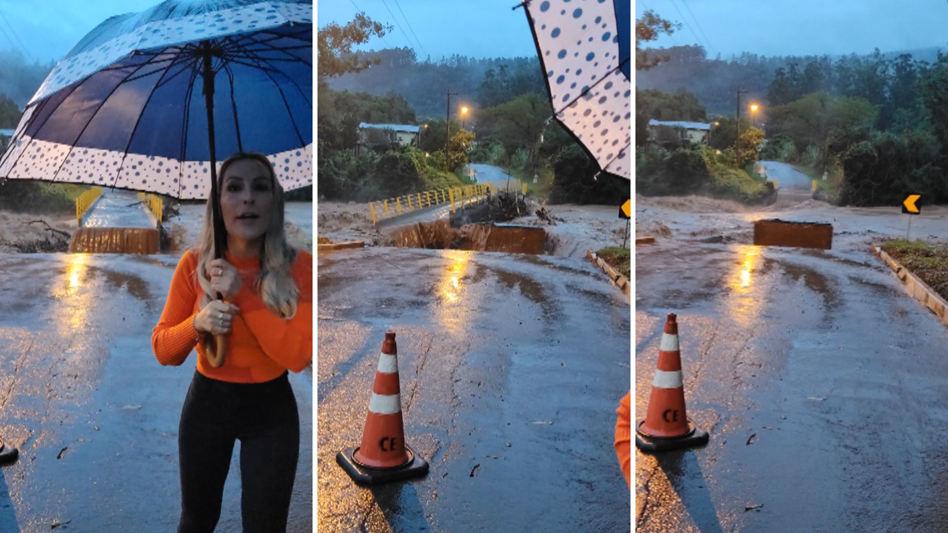 VÍDEO: ponte é levada pela água durante gravação de prefeita alertando sobre temporal no RS
