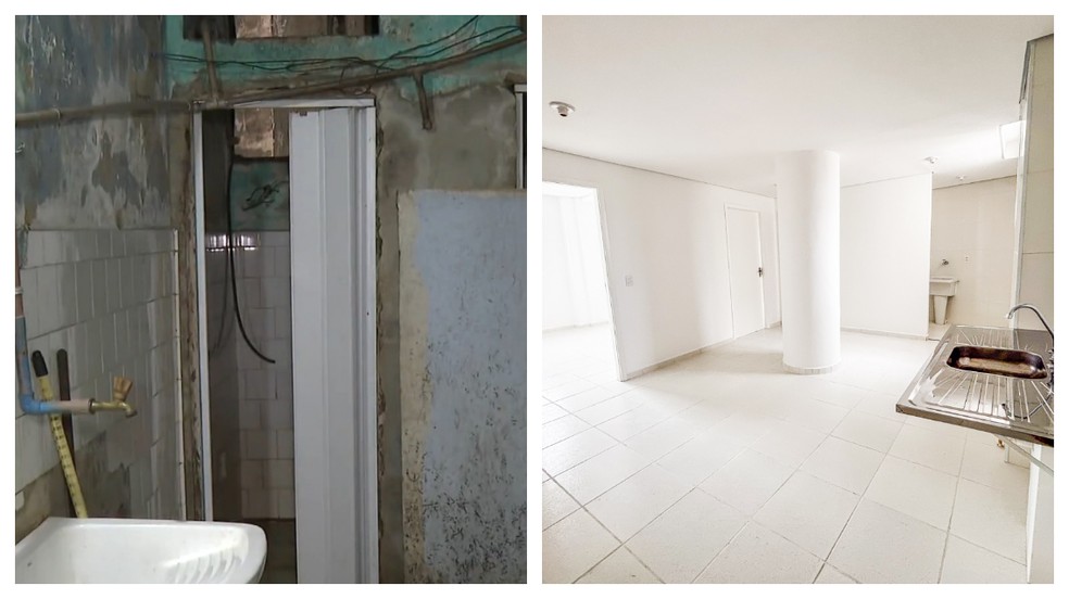 Edifício Prestes Maia, no Centro de São Paulo, antes e depois da reforma — Foto: Reprodução TV Globo/Prefeitura