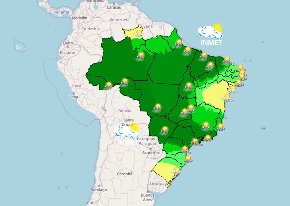 Mapa mostra previsão de chuva para esta terça (10) em todo o Brasil. — Foto: Inmet/Reprodução