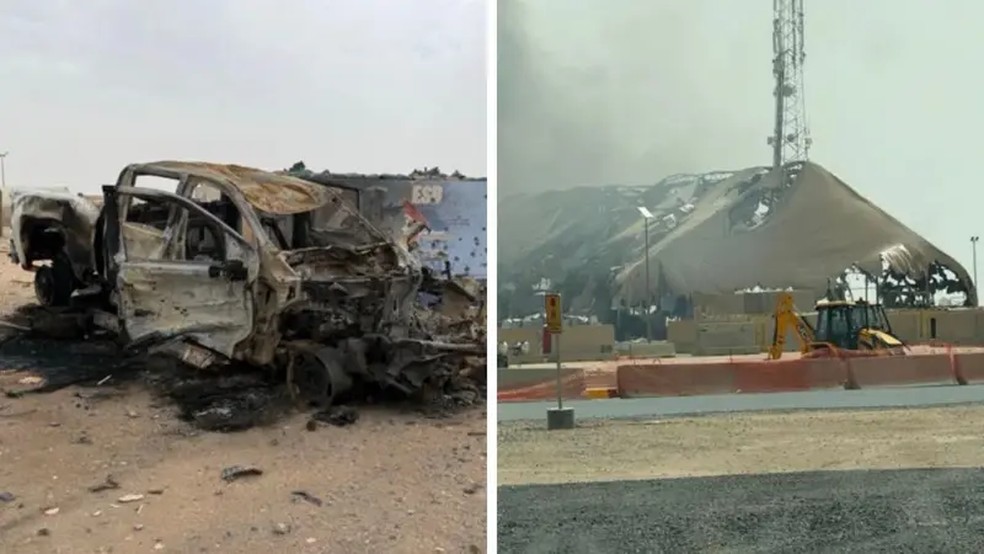 Imagens reveladas pela CBS News da base Camp Buehring, no Kuwait, após ataque iraniano — Foto: CBS News via BBC