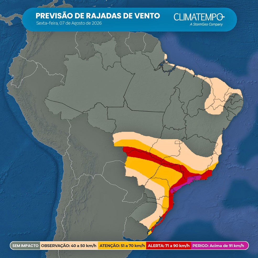 Previsão de rajadas de vento para o Brasil nesta sexta — Foto: Climatempo