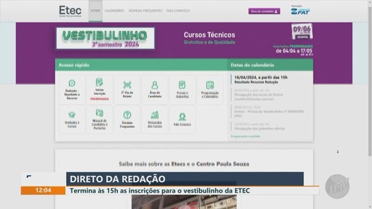 Vestibulinho da Etec: inscrições para cursos técnicos gratuitos terminam nesta sexta-feira - Programa: Jornal da EPTV 1ª Edição - São Carlos/Araraquara 