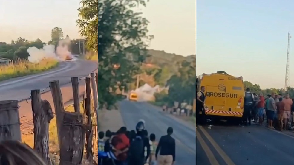 Criminosos explodem carro-forte no Maranhão e moradores filmam momento do ataque — Foto: Reprodução/Redes Sociais