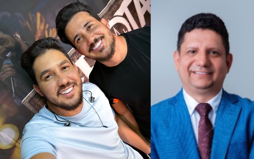 À esquerda, a dupla Iguinho e Lulinha; à direita, o prefeito de Pindobaçu, Dr Davi — Foto: Reprodução/Redes Sociais | Divulgacand | Arte g1