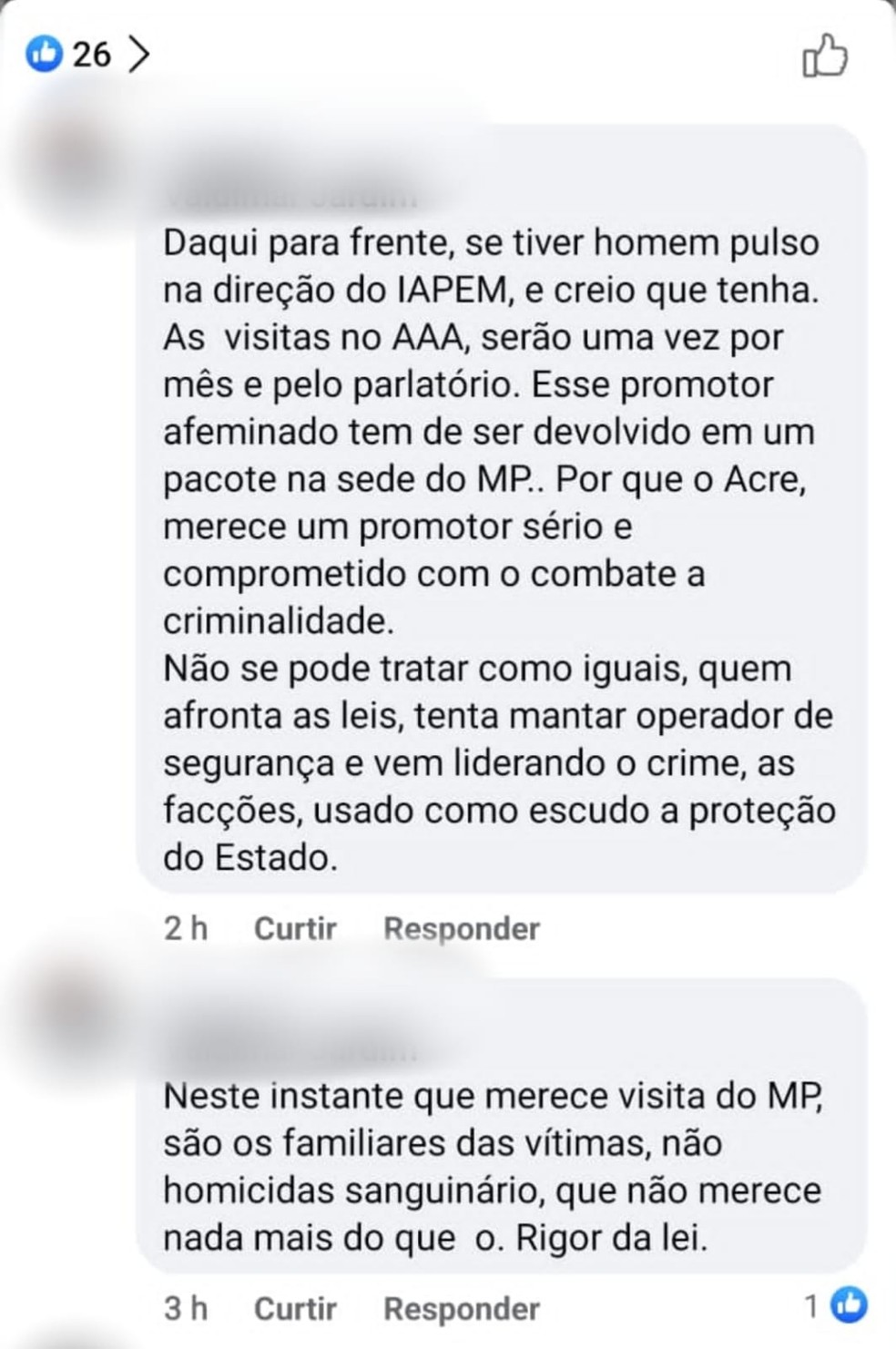 Policial penal fez comentários homofóbicos e de morte contra o promotor Tales Tranin — Foto: Reprodução