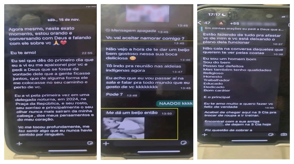 Tenente-coronel Geraldo Neto mandava mensagens constantemente para a soldado Rariane Generoso, Numa delas, ele escreveu que queria dar um 'beijo bem gostoso nessa boca deliciosa'' &mdash; Foto: Reprodu&ccedil;&atilde;o