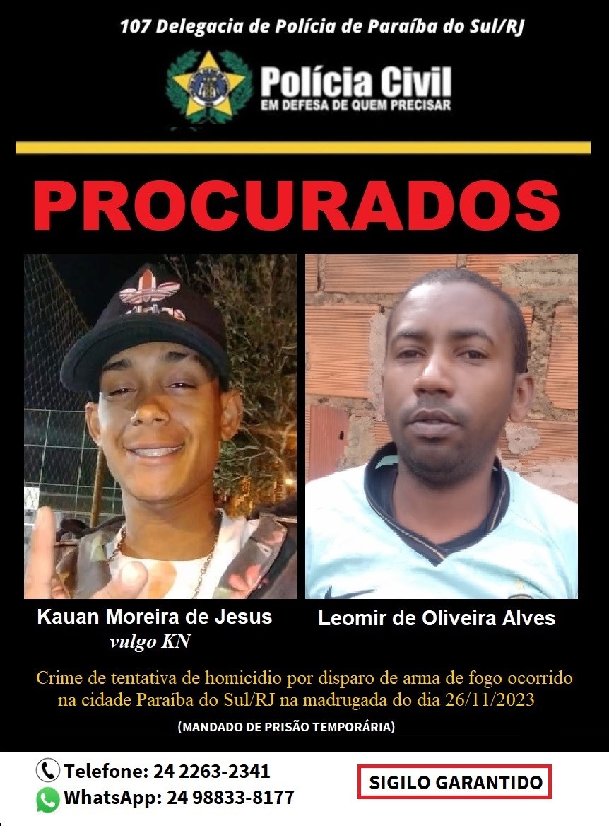 Polícia Civil divulga cartaz para localizar suspeitos de tentativa de homicídio em Paraíba do Sul
