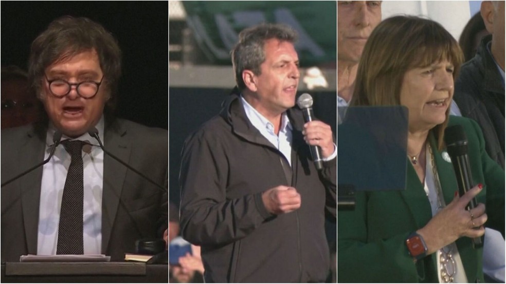 Javier Milei, Sergio Massa e Patricia Bullrich disputam o eleitorado argentino neste fim de semana — Foto: Reprodução/Bom Dia Brasil