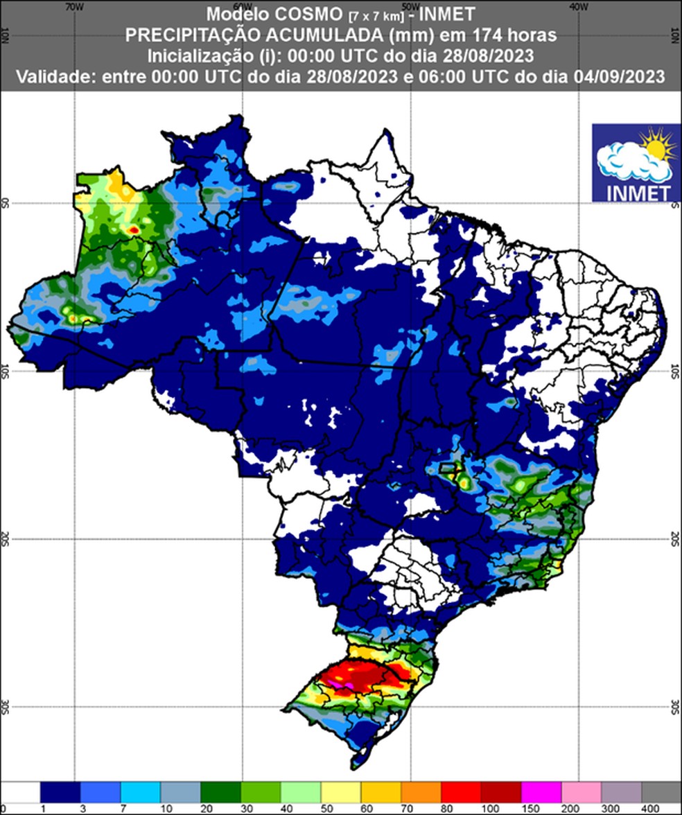 Previsão de chuvas entre 28 de agosto e 04 de setembro em todo o Brasil. — Foto: INMET/Divulgação