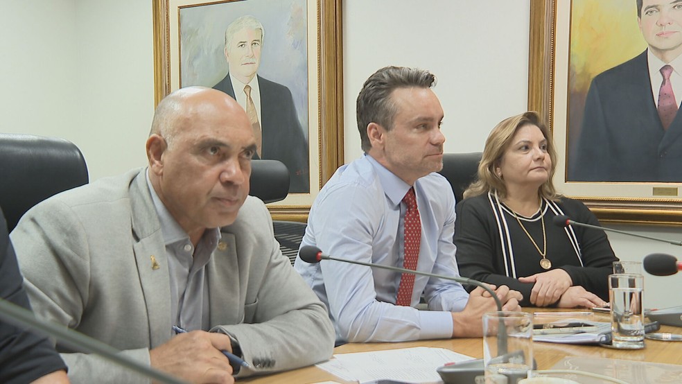 Wellington Luiz (MDB), presidente da CLDF, Gustavo Rocha, chefe da Casa Civil do DF, e Luciene Florêncio, secretária de Saúde. — Foto: Natália Valarini / TV Globo