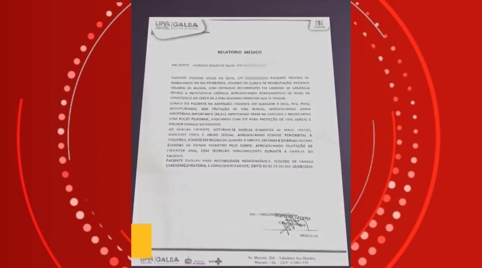 Relatório da UPA informa que Dionísio estava com marcas de maus tratos, agressão física e violência sexual — Foto: Reprodução/TV Gazeta