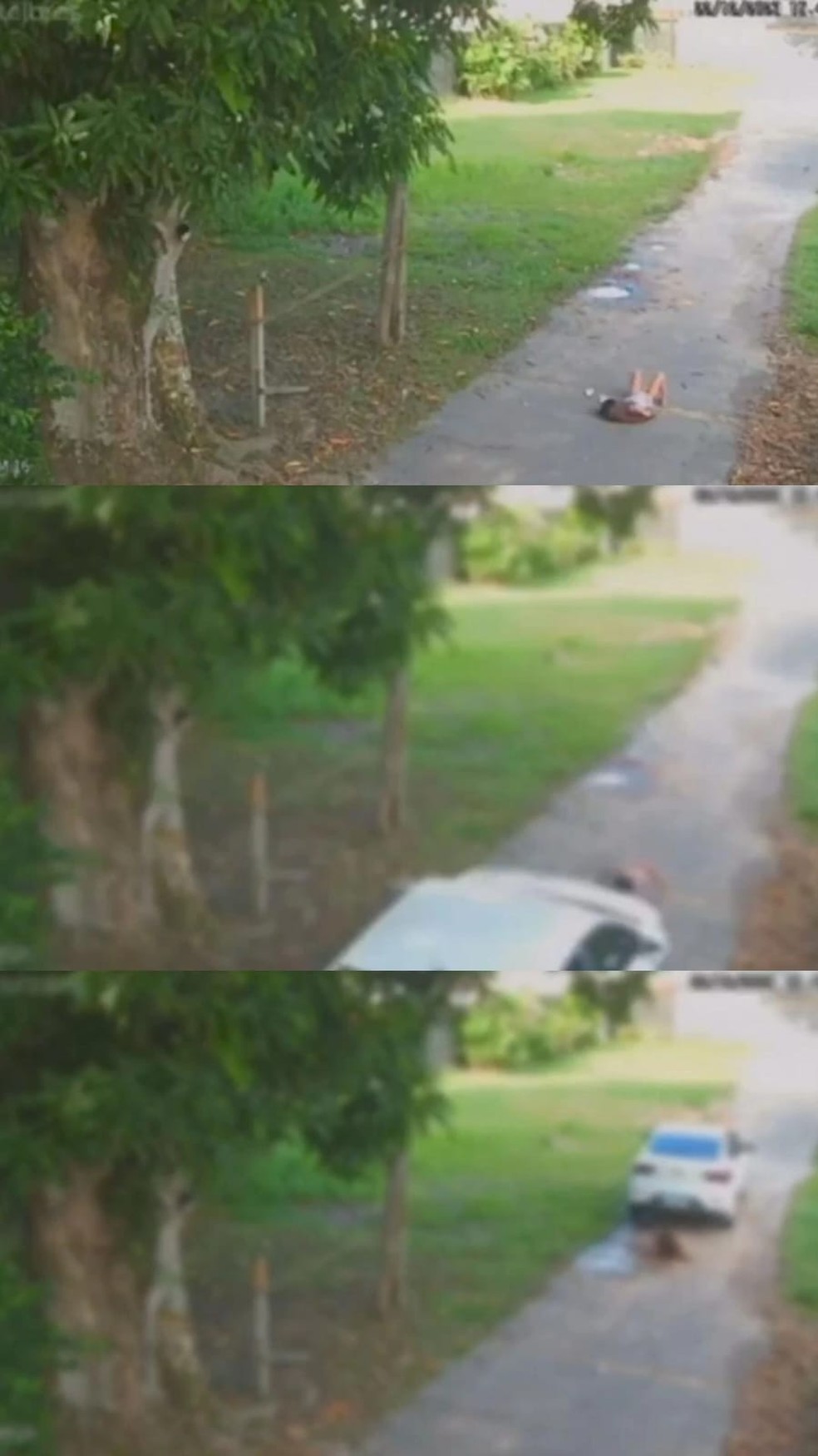 Imagens mostram criança deitada na rua, depois sendo atingida e arrastada por carro até e sair caminhando mais a frente — Foto: Reprodução