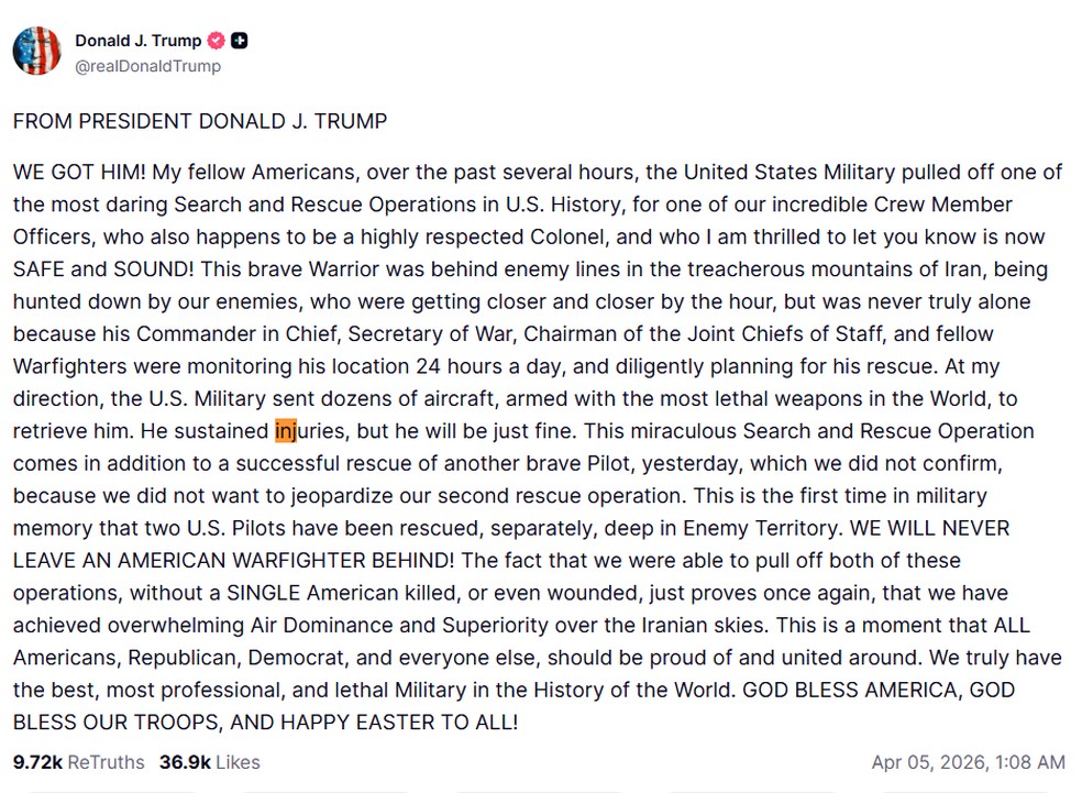 Donald Trump confirma resgate de piloto dos EUA no Irã em 5 de abril de 2026. — Foto: Reprodução/Donald Trump no Truth Social