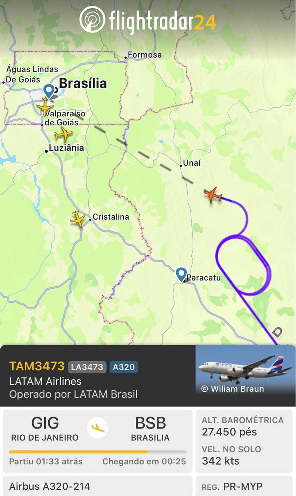 Radar mostra avião dando voltas sobre MG enquanto aguarda aval para pousar em Brasília — Foto: FlightRadar24/Reprodução