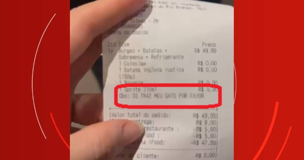 Casal fez pedido por aplicativo de entregas e mandou observação com pedido: 'Traz meu gato, por favor' — Foto: Arquivo pessoal