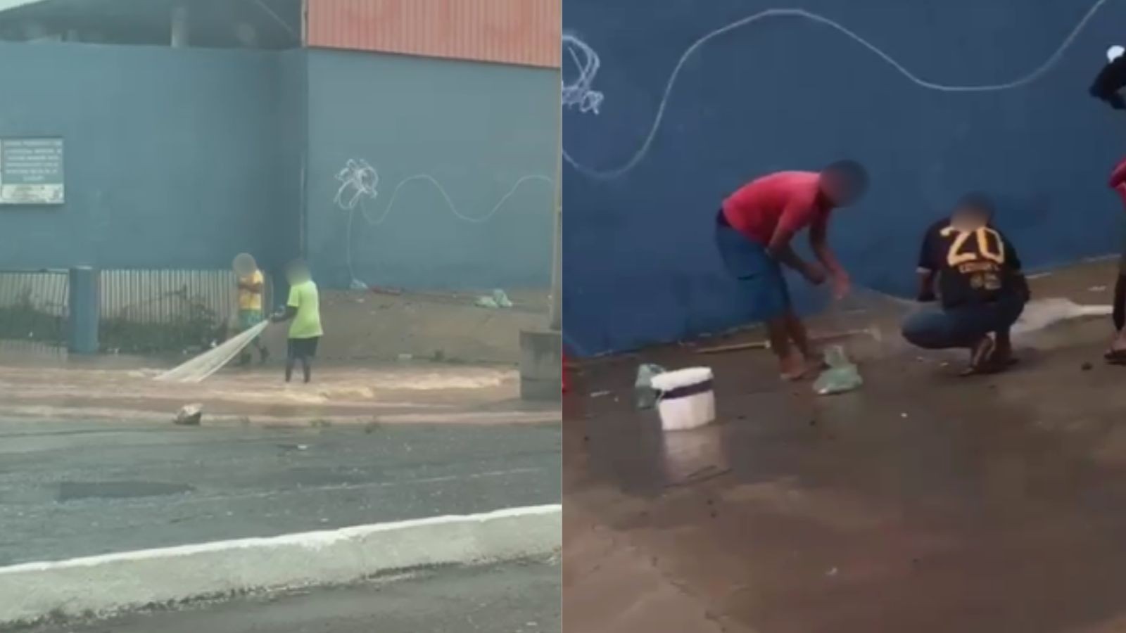 Moradores pescam peixes com redes em trecho alagado de avenida após chuvas em Teresina