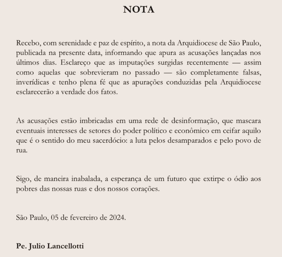 Íntegra da nota do Padre Júlio Renato Lancellotti em 05/02/2024. — Foto: Reprodução/Instagram