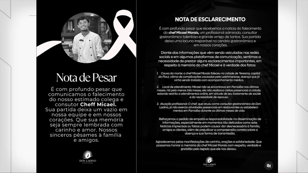 Chef de cozinha diagnosticado com leishmaniose e tuberculose morre aos 30 anos em Teresina — Foto: Reprodução