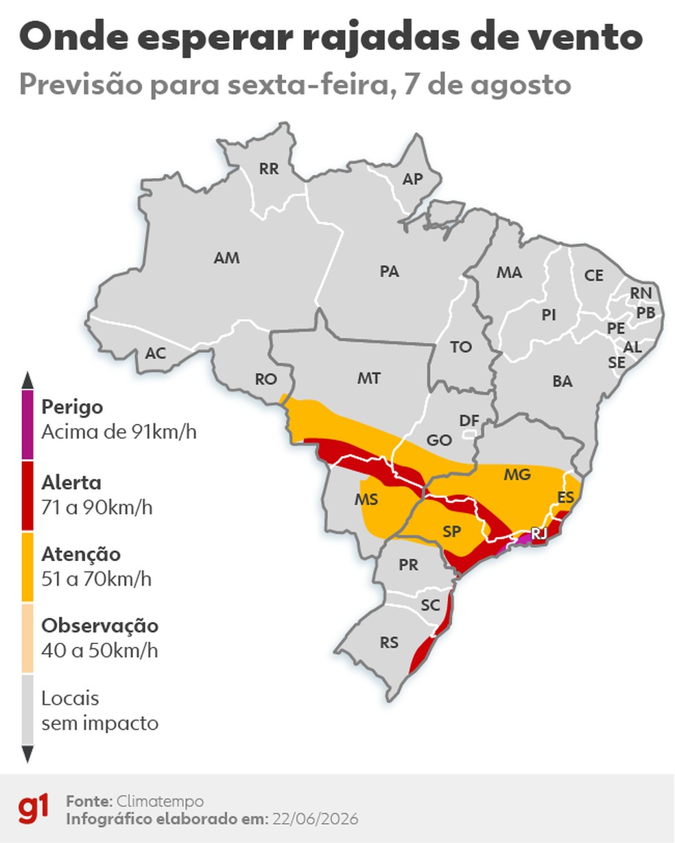 Onde esperar os fortes ventos nesta sexta. — Foto: Arte/g1