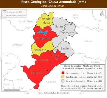 Defesa Civil de BH alerta para risco geológico; há previsão de chuva neste sábado 