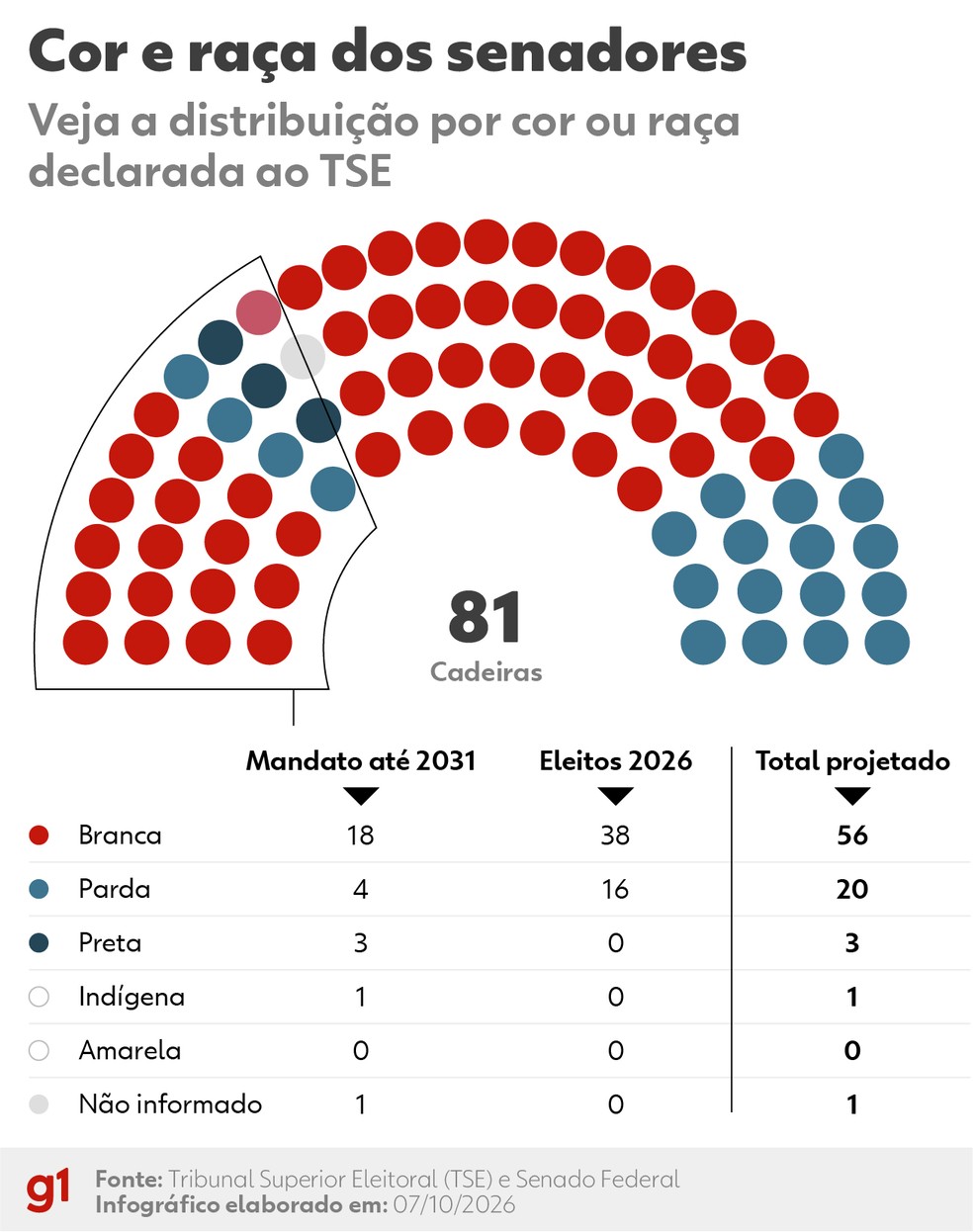 Gráfico - Composição do Senado por cor ou raça dos eleitos. — Foto: Arte/g1