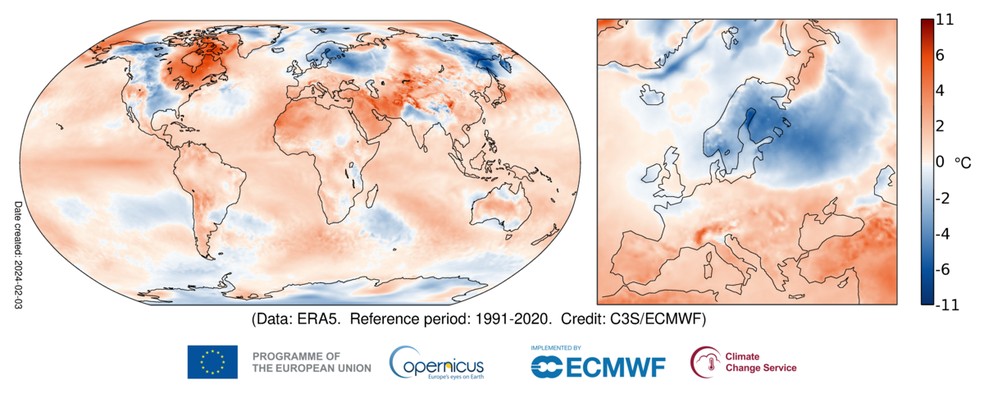 Anomalia na temperatura do ar à superfície em janeiro de 2024. — Foto: Copernicus Climate Change Service/ECMWF