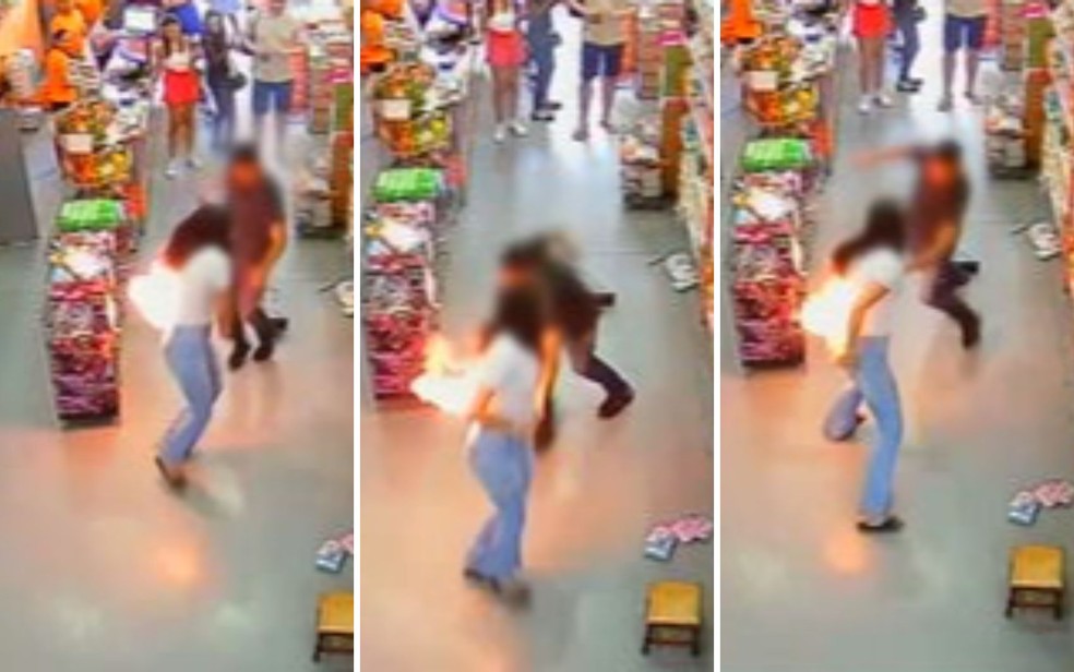 Jovem fica ferida após celular pegar fogo enquanto ela fazia compras em Anápolis, Goiás — Foto: Reprodução/TV Anhanguera