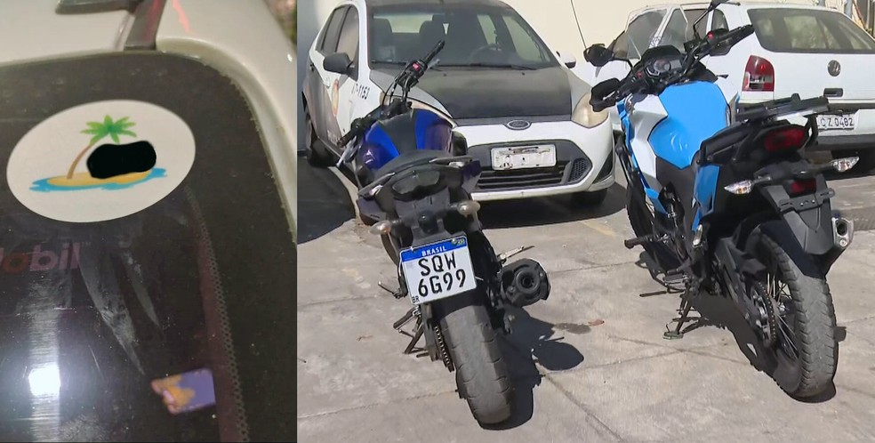 Selo de comprovação do pedágio e motos semelhantes às da PM para rondas da extorsão — Foto: Reprodução/TV Globo