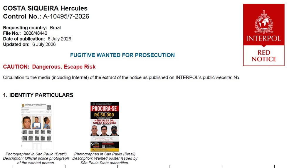 Ficha de Hércules da Costa Siqueira, conhecido como "Golias", de 45 anos, na lista vermelha de fugitivos da Interpol. — Foto: Reprodução/TV Globo