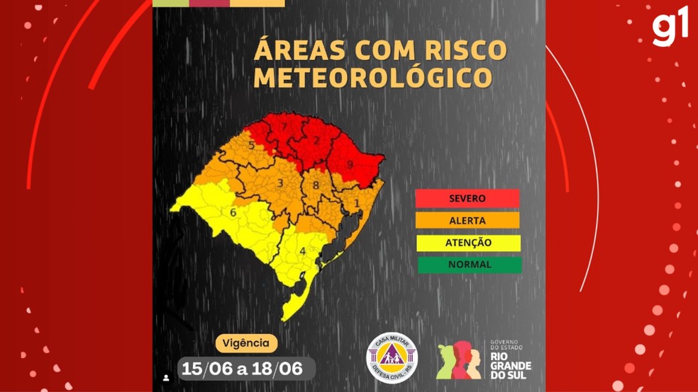 Comunicado da Defesa Civil sobre risco meteorológico no RS — Foto: Reprodução