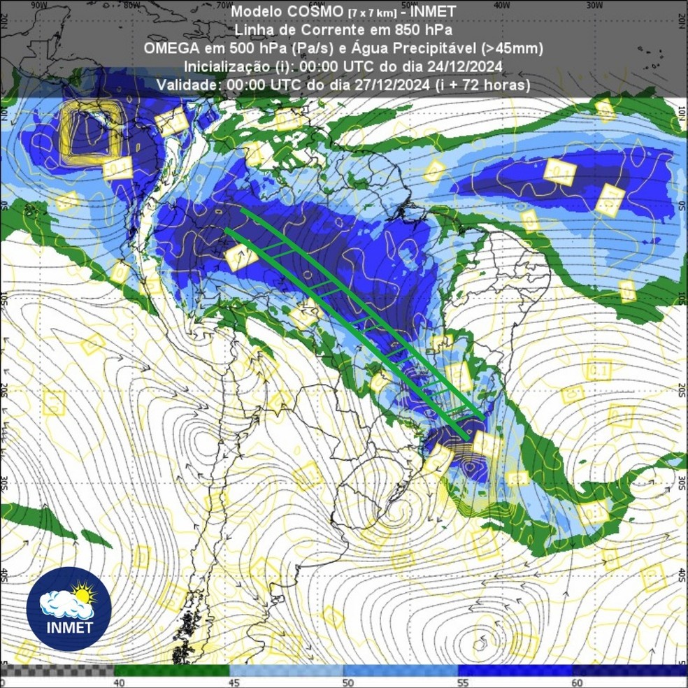 Corredor de umidade que deve trazer chuva para boa parte do país na última semana do ano. — Foto: Inmet