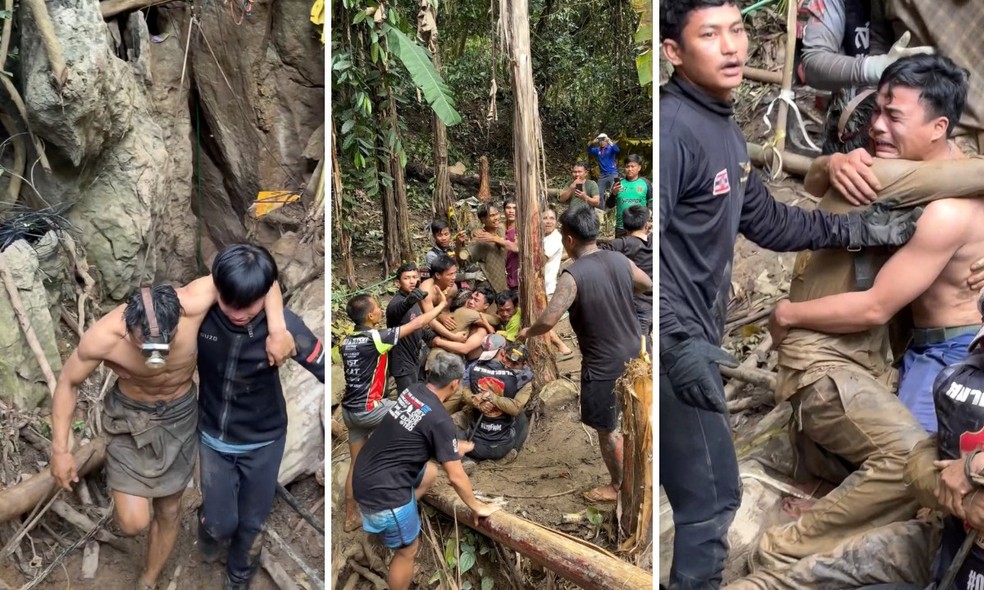 Emoção no resgate de caverna no Laos. — Foto: Chakkrit Taengtang/via Reuters