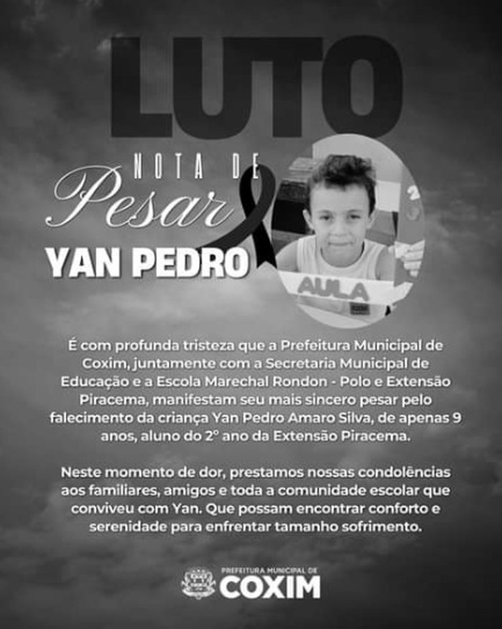 Prefeitura de Coxim lamentou a morte de Yan — Foto: Rede Sociail