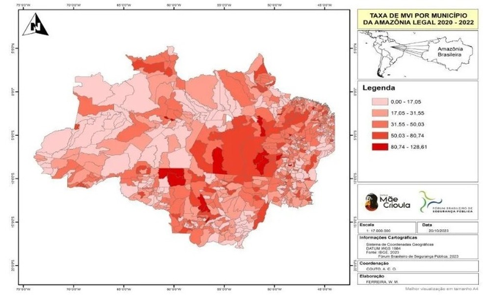 Taxa de mortes violentas intencionais (MVI) da Amazônia Legal entre 2020 e 2022 — Foto: Fórum Brasileiro de Segurança Pública/Instituto Mãe Crioula
