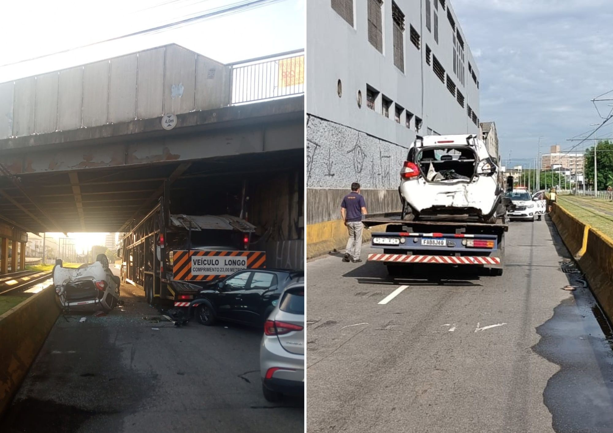 Caminhão-cegonha bate em viaduto, carros caem e ficam destruídos no litoral de SP