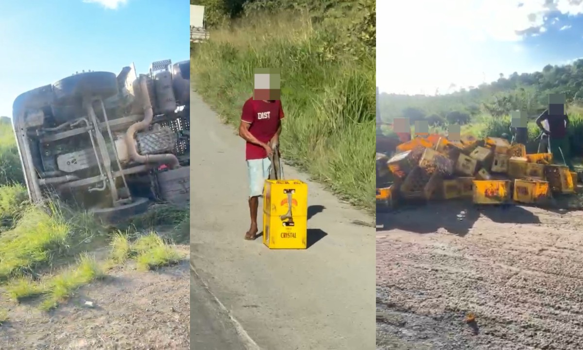 Caminhão carregado com cerveja tomba e carga é saqueada no interior da Bahia