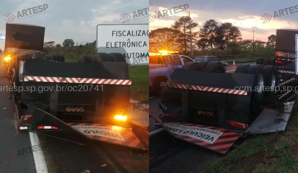 Tombamento de carreta interdita faixa da SP-294 em Parapuã (SP) — Foto: Artesp/Divulgação