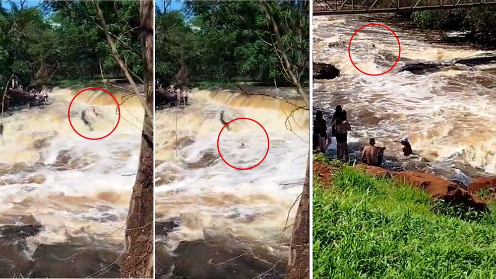 Sequência de imagens mostra momento em que jovem, agarrado à margem da Cachoeira do Talhadão, é arrastado pela correnteza ao longo do Rio Turvo — Foto: Arquivo pessoal
