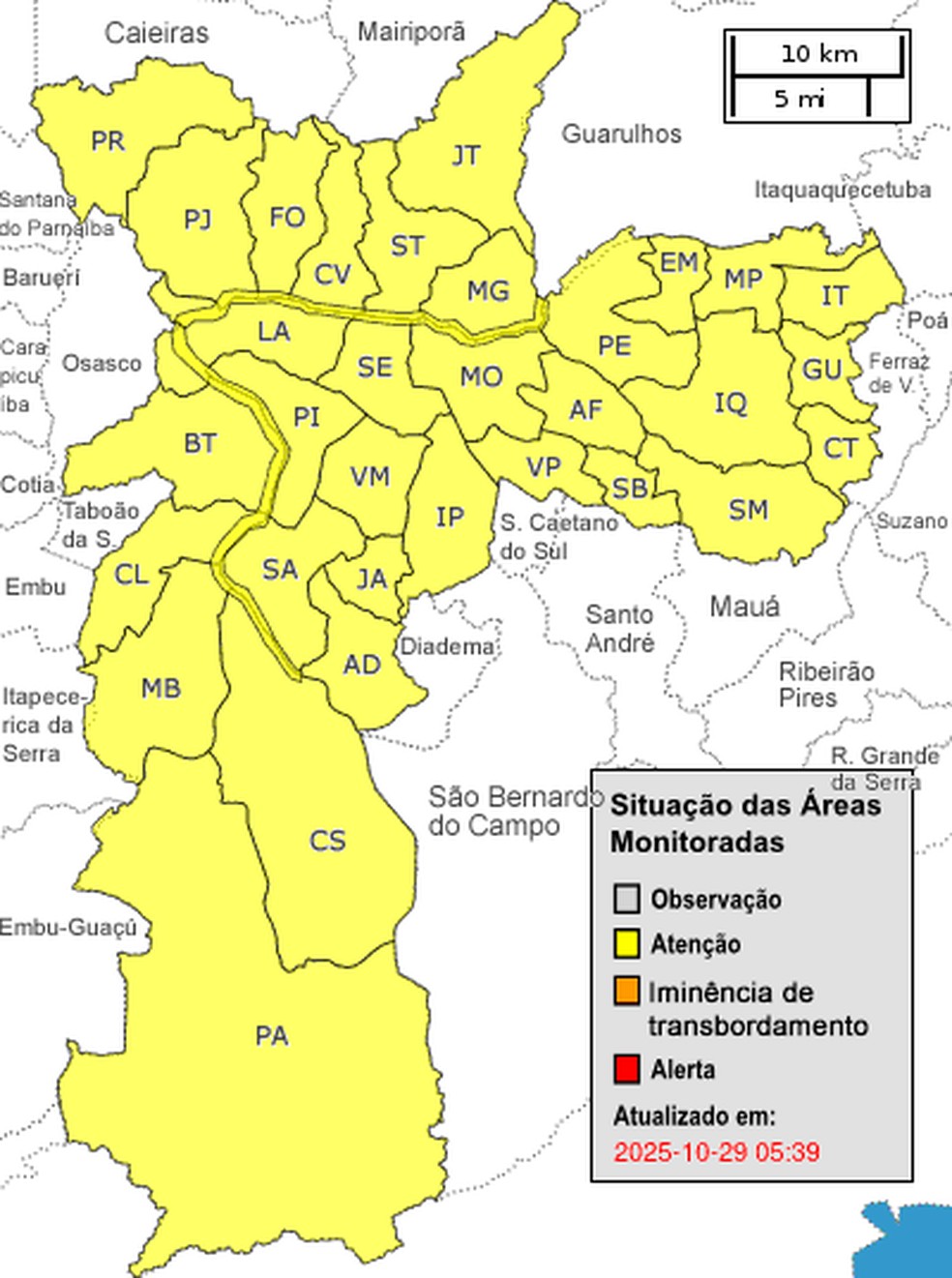 Mapa mostra Cidade de São Paulo em estado de atenção. — Foto: Centro de Gerenciamento de Emergências Climáticas (CGE)