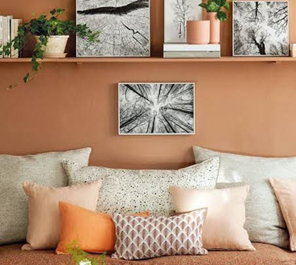 Exemplo de sala aconchegante para receber o inverno: tons terrosos, uso de mantas e almofadas, folhagens escuras — Foto: Arquivo pessoal 