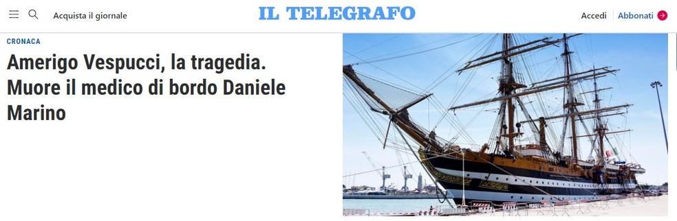 Jornal italiano Il Telegrafo fala sobre a morte de Daniele Marino, médico do navio considerado o mais bonito do mundo. — Foto: Reprodução