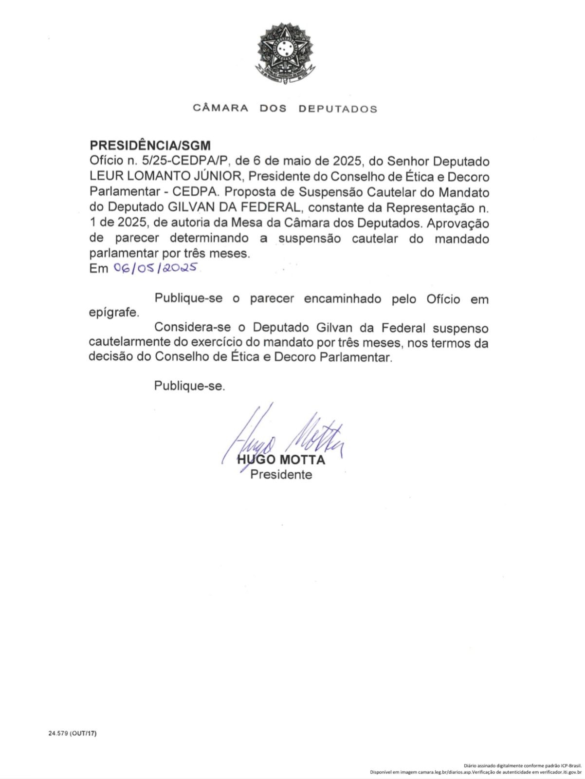 Hugo Motta oficializa suspensão do mandato de Gilvan da Federal por ofensas a Gleisi Hoffmann