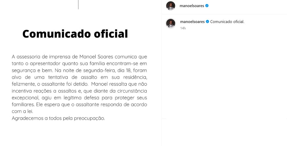 Comunicado publicado pelo apresentador Manoel Soares nas redes sociais. — Foto: Reprodução/Instagram