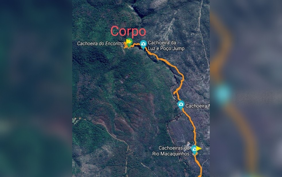Mapa que mostra trajeto que o corpo de turista percorreu até ser encontrado, em Alto Paraíso — Foto: Divulgação/Corpo de Bombeiros