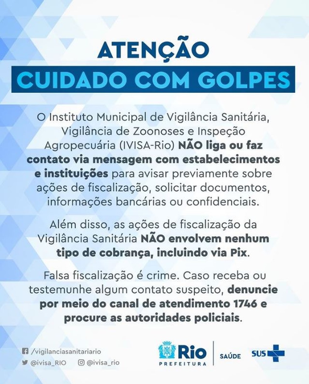 Alerta do IVISA-Rio sobre golpes — Foto: Divulgação