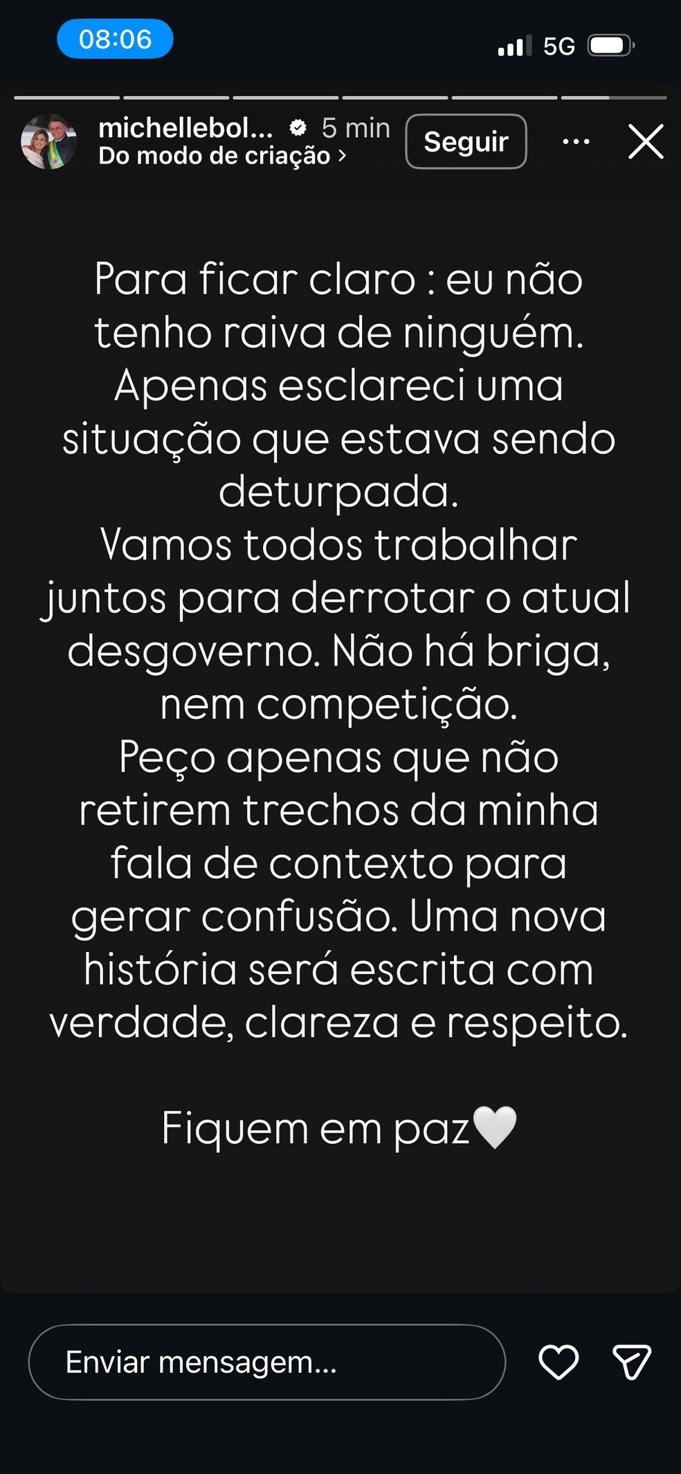 Michelle Bolsonaro publica story após atrito público com Flávio Bolsonaro e afirma que "não há briga" nem "competição" entre aliados. — Foto: Reprodução