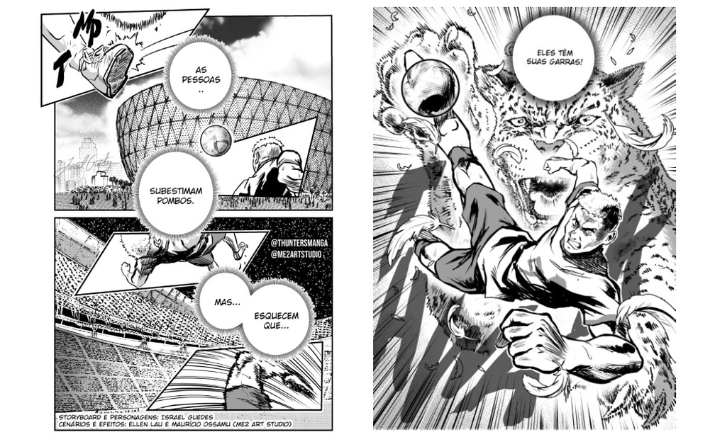 Ilustração de quadrinhos de mangá de futebol com tradução de texto