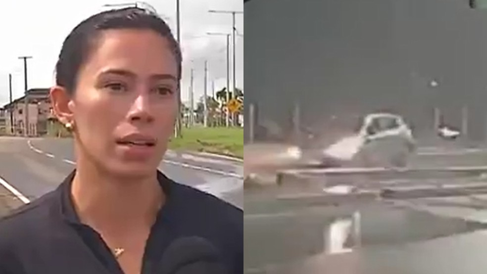 Carro de Andreza ficou prestes a cair em cratera no CE. — Foto: Reprodução/TV Verdes Mares